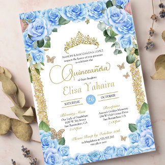 Baby Blue Rose & Butterfly Quinceanera Einladung