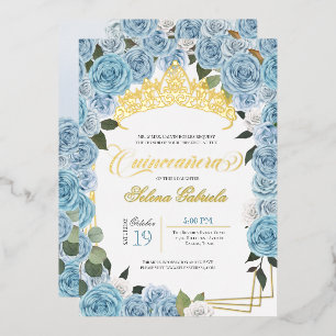 Baby Blue Rose Princess Quinceanera Real Gold Folieneinladung