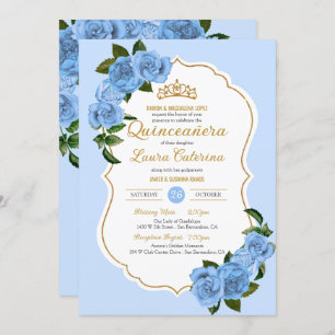 Baby Blue Rose Weiß und Gold Elegante Quinceanera Einladung