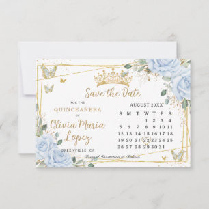 Baby Blue Roses Floral Gold Quinceañera-Kalender Save The Date