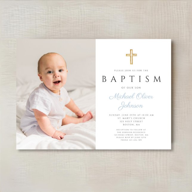 Baby Blue Script Cross Boy Foto Taufe Einladung (Baby Blue Script Cross Boy Photo Baptism Invitation)