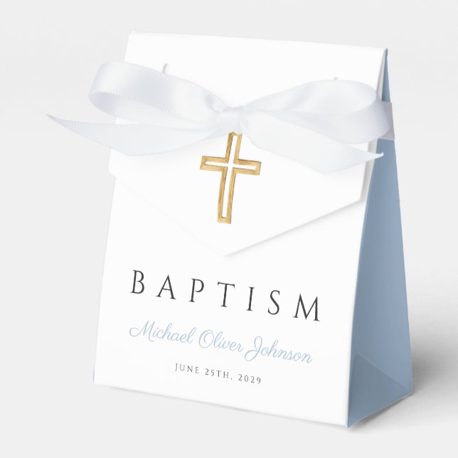 Baby Blue Script Religious Cross Boy Baptism Geschenkschachtel (Vorderseite)