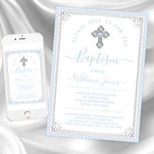 Baby Blue Silber Junge Taufe Einladung