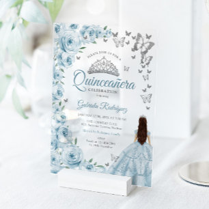 Baby Blue Silbernes Blumen-Quinceanera Acryleinladungen