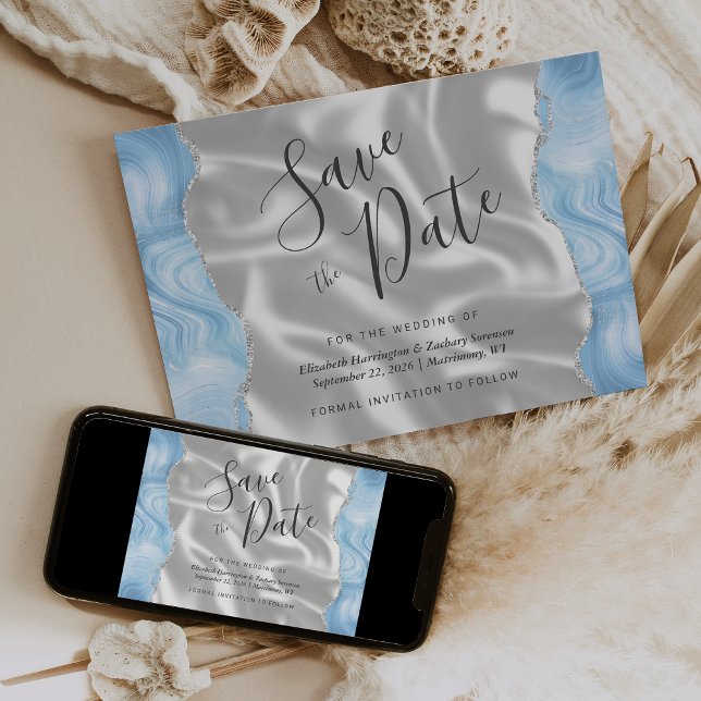Baby Blue Silver Agate White Silk Save the Date Einladung (Von Creator hochgeladen)