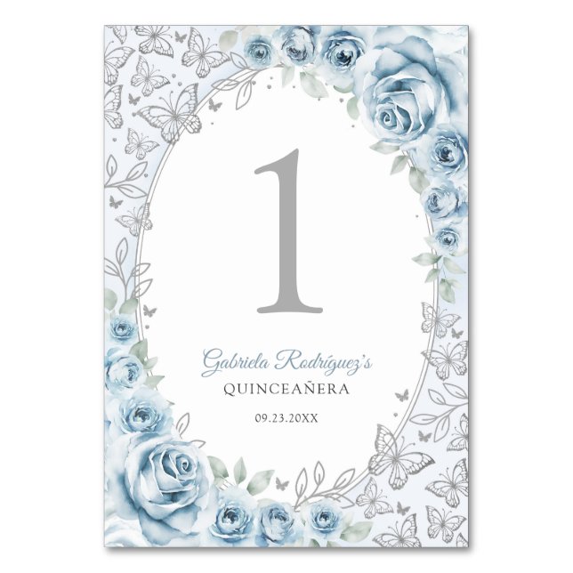 Baby Blue Silver Floral Quinceanera Tischnummer (Vorderseite)