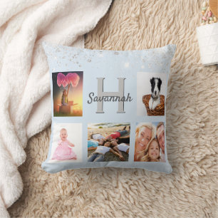 Baby Blue Silver Glitzer Foto Collage Name Kissen