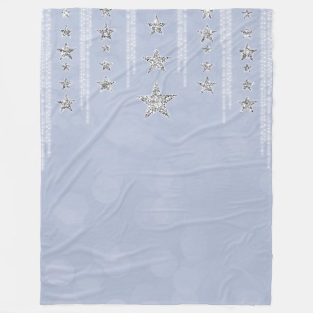 Baby Blue & Silver Glitzer Stars Sparkle Glam Fleecedecke (Vorderseite)