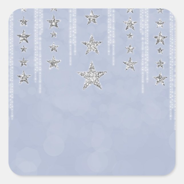 Baby Blue & Silver Glitzer Stars Sweet 16 Party Quadratischer Aufkleber (Vorderseite)