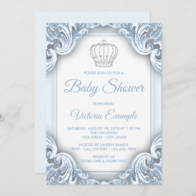 Baby Blue Silver Prince Baby Dusche Einladungen (Vorne/Hinten)
