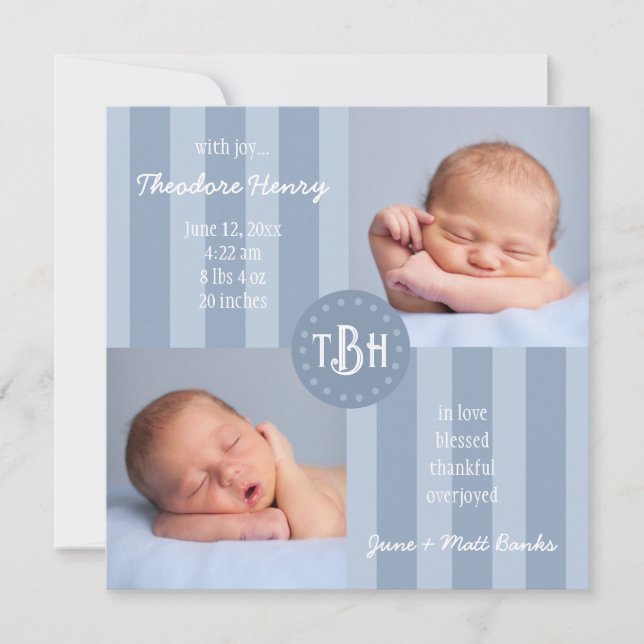 Baby Blue Stripe Monogram Birth Ankündigung (Vorderseite)