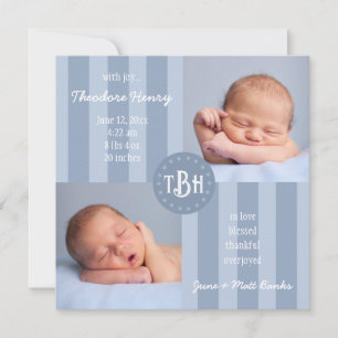 Baby Blue Stripe Monogram Birth Ankündigung