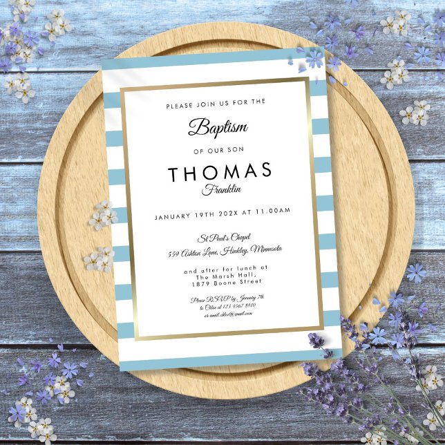 Baby Blue Stripe Taufe Christening Einladung (Baby Blue Stripe Baptism Christening Invitation)