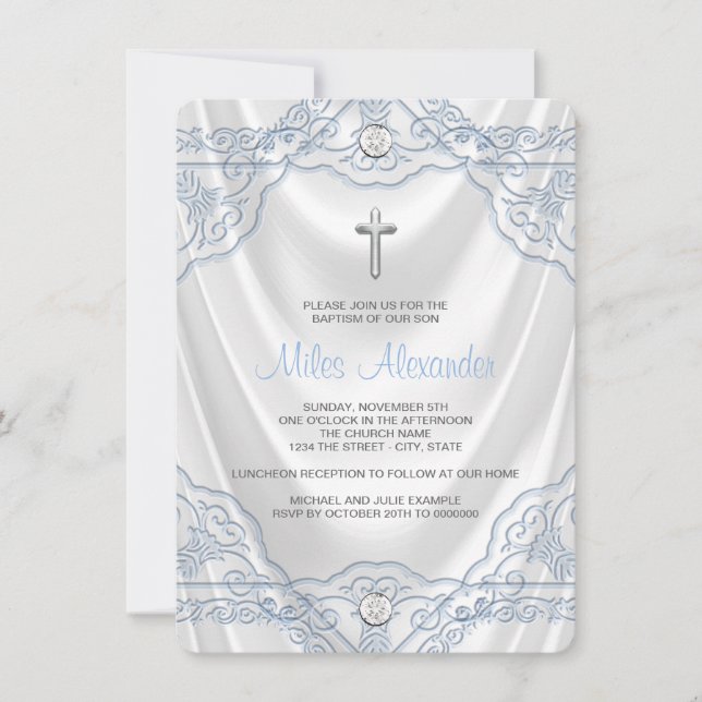 Baby Blue Taufe Christening White Satin Einladung (Vorderseite)