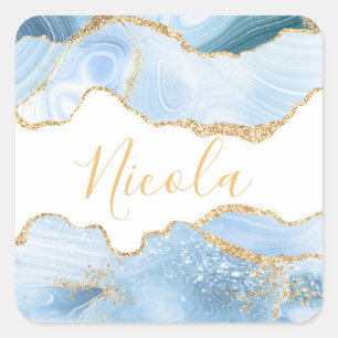 Baby Blue und falsches Gold Glitter-Marmor-Achat Quadratischer Aufkleber