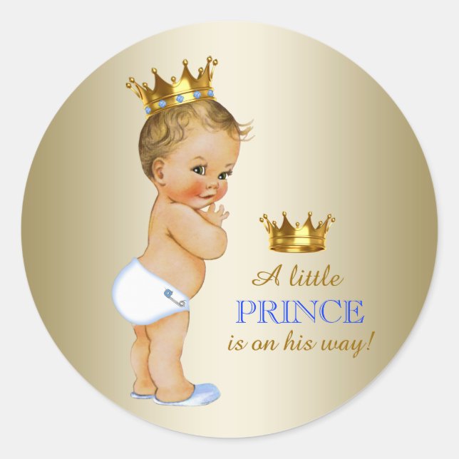 Baby Blue und Gold Prince Baby Dusche Runder Aufkleber (Vorderseite)