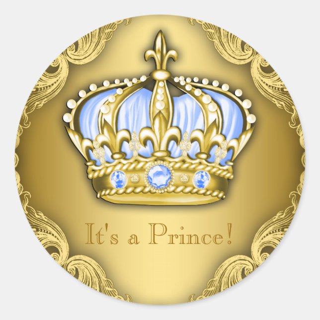 Baby Blue und Gold Prince Baby Dusche Runder Aufkleber (Vorderseite)