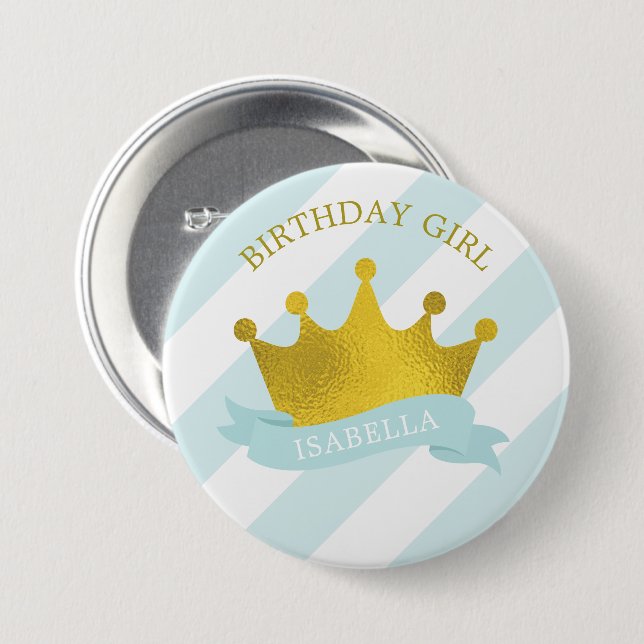 Baby Blue und Gold Tiara "Birthday Girl" Button (Vorne & Hinten)