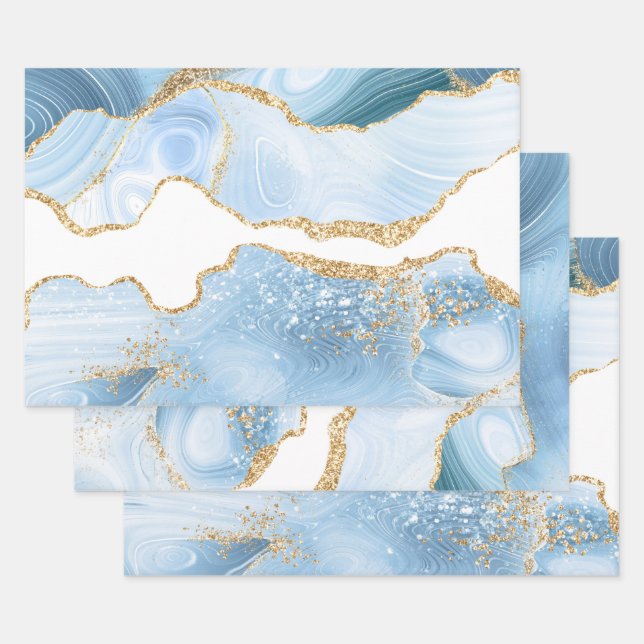 Baby Blue und Imitate Gold Glitzer Marble Agate Geschenkpapier Set (Set)