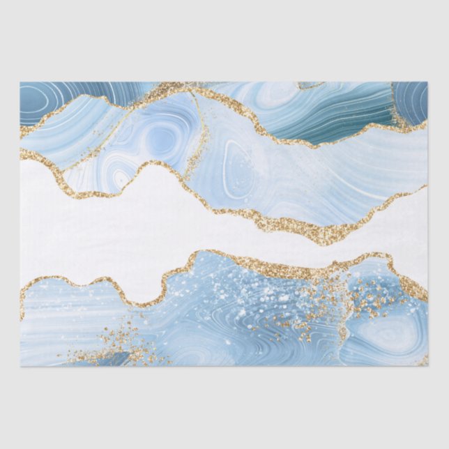 Baby Blue und Imitate Gold Glitzer Marble Agate Seidenpapier (Vorderseite)