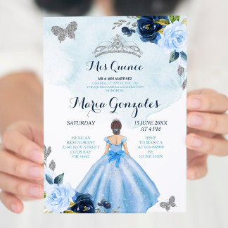 Baby Blue und Navy Butterfly 3 Charra Quinceanera Einladung