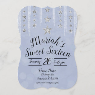 Baby Blue und Silber Glitter Sterne Sweet 16 Party Einladung