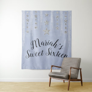 Baby Blue und Silber Glitter Sterne Sweet 16 Party Wandteppich
