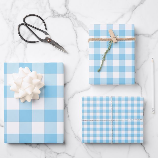 Baby Blue und White Different Size Gingham Karos Geschenkpapier Set (Vorderseite)