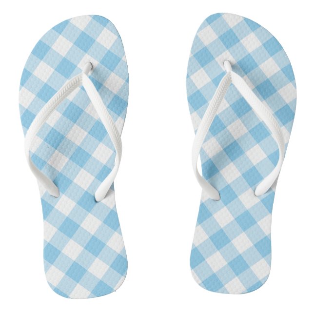 Baby Blue und White Large Diagonal Gingham Karos Flip Flops (Fußbett)