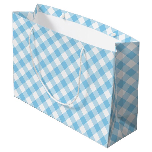 Baby Blue und White Large Diagonal Gingham Karos Große Geschenktüte (Rückseite Schrägansicht)