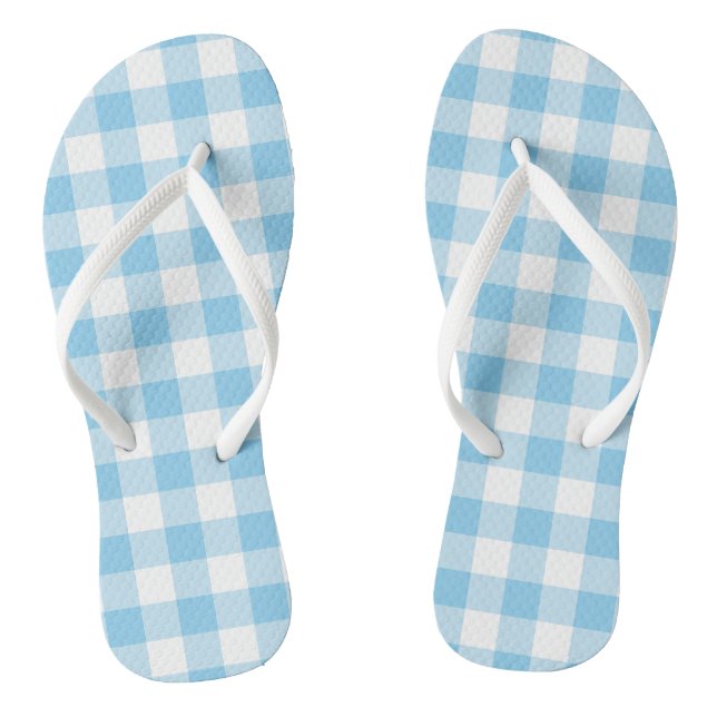 Baby Blue und White Large Size Gingham Karos Flip Flops (Fußbett)