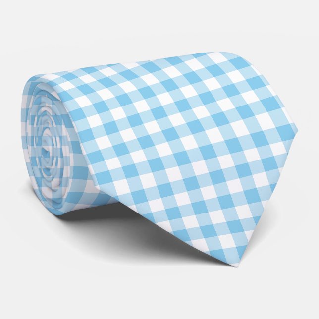 Baby Blue und White Large Size Gingham Karos Krawatte (Gerollt)