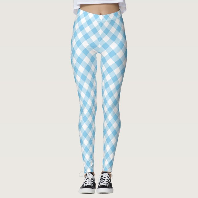 Baby Blue und White Medium Diagonal Gingham Karos Leggings (Vorderseite)