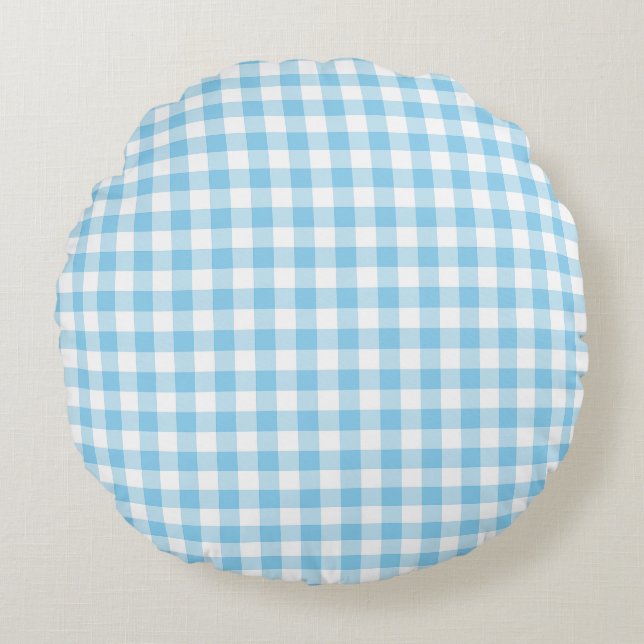 Baby Blue und White Medium Size Gingham Karo Rundes Kissen (Vorderseite)
