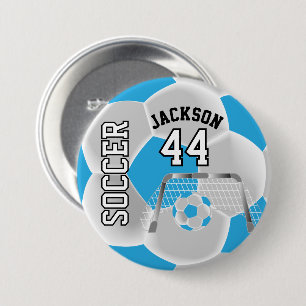 Baby Blue und White Personalize Soccer Ball Button
