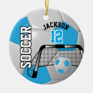 ⚽ Baby Blue und White Personalize Soccer Ball Keramikornament