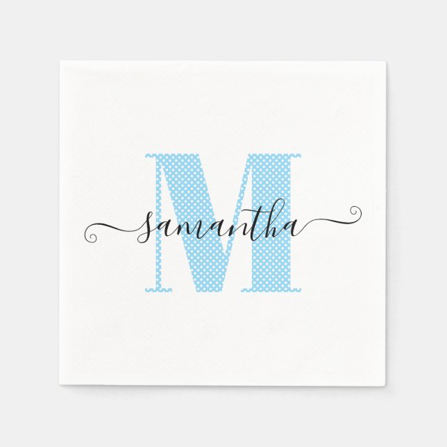 Baby Blue und White Polka Dot Monogram Serviette (Vorderseite)