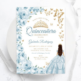 Baby Blue Watercolor Floral Gold Quinceanera Einladung