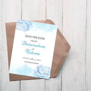 Baby Blue Watercolor Floral Rose Quinceanera Save The Date