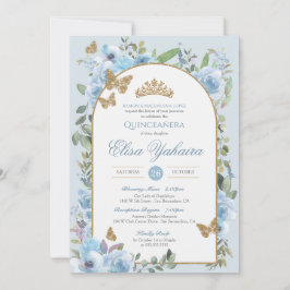Baby Blue Watercolor Golden Butterfly Quinceanera Einladung