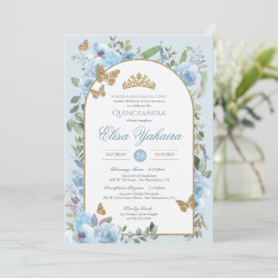 Baby Blue Watercolor Golden Butterfly Quinceanera Einladung