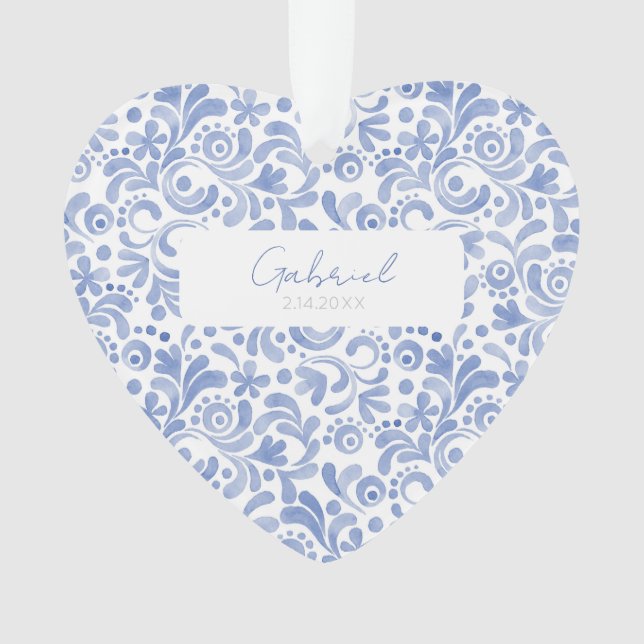 Baby Blue Watercolor NAME BIRTHDATE Sweet Heart Ornament (Vorderseite)
