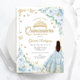 Baby Blue Watercolor Rose Gold Quinceanera Einladung