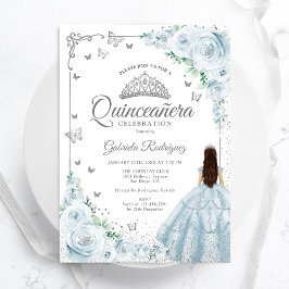Baby Blue Watercolor Rose Silver Quinceanera Einladung
