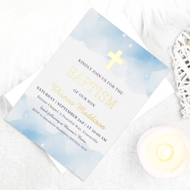 Baby Blue Watercolor Wolken Gold Cross Taufe Folieneinladung (Von Creator hochgeladen)