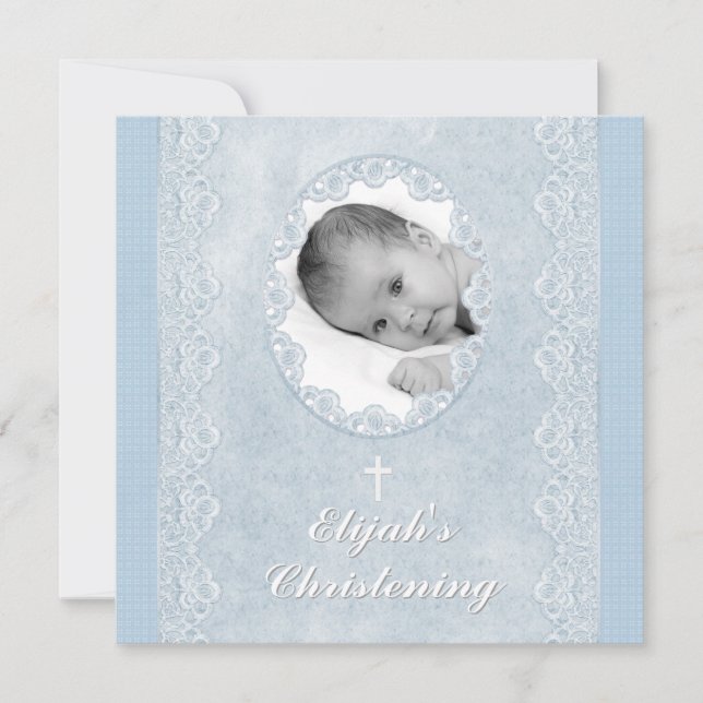 Baby Blue White Boy Foto Taufe Christening Einladung (Vorderseite)