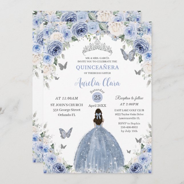 Baby Blue White Floral Princess Quinceañera XV 16 Einladung (Vorne/Hinten)