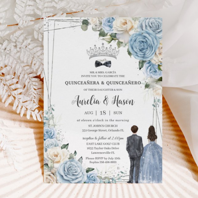 Baby Blue White Floral Twins Boy Girl Quinceañera Einladung (baby blue white floral roses silver quinceanero quinceanera twins boy girl invitation cards download)