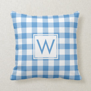 Baby Blue White Gingham Pattern, Custom Monogram Kissen