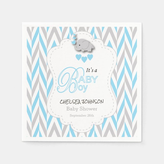 Baby Blue, White Gray Elephant Baby Dusche 2 Serviette (Vorderseite)